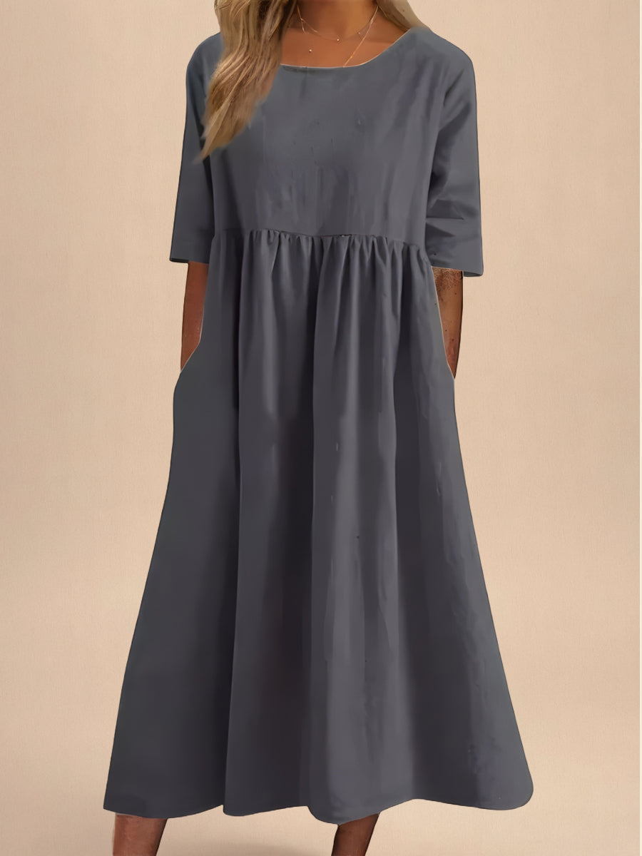 Abito Midi Donna | Vita Smock Raccolta & Gonna Svasata con Tasche