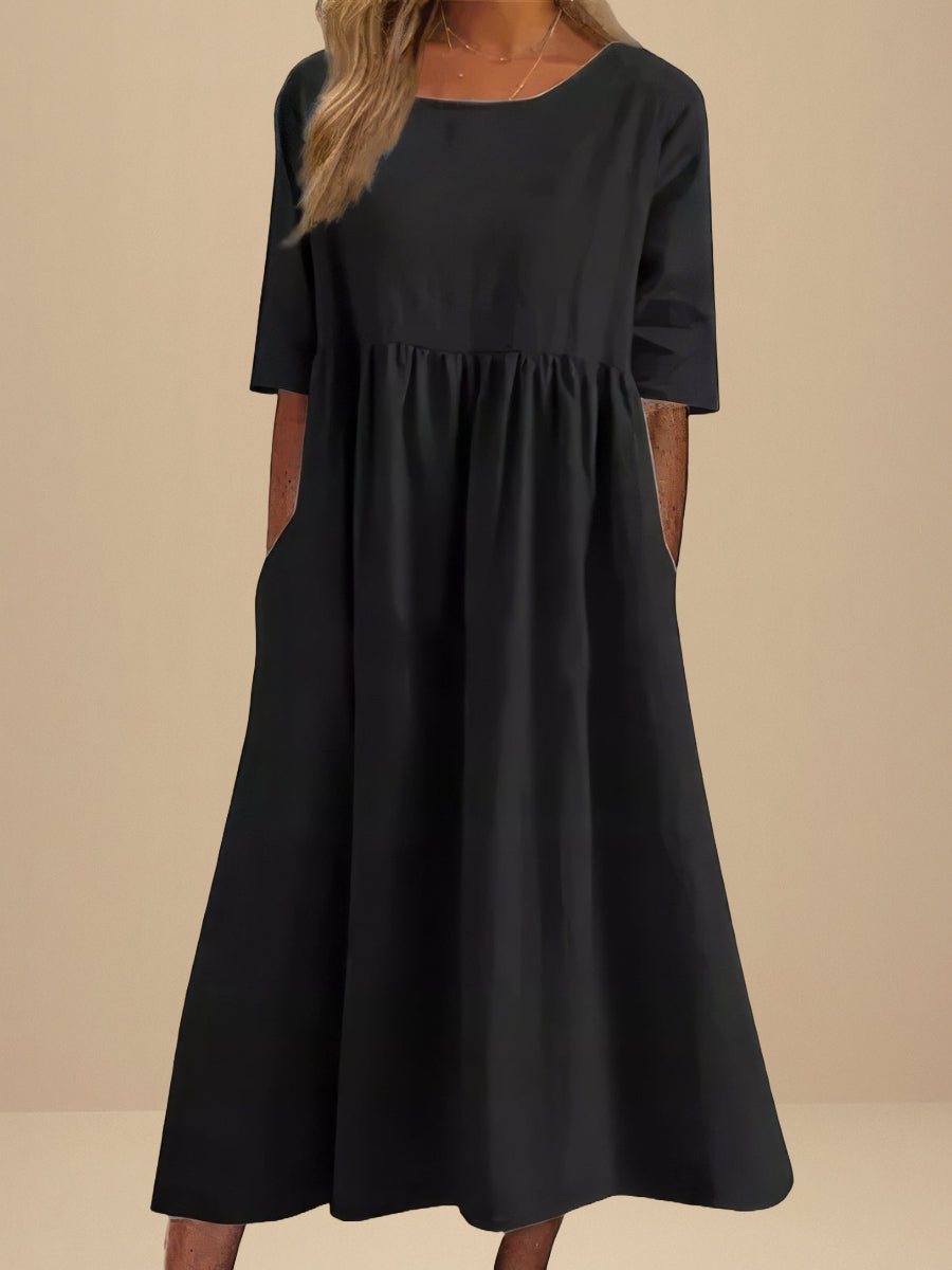 Abito Midi Donna | Vita Smock Raccolta & Gonna Svasata con Tasche