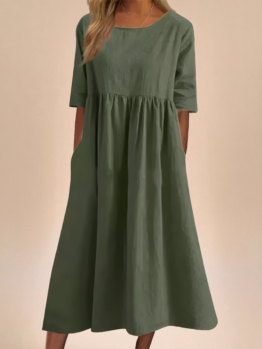 Abito Midi Donna | Vita Smock Raccolta & Gonna Svasata con Tasche