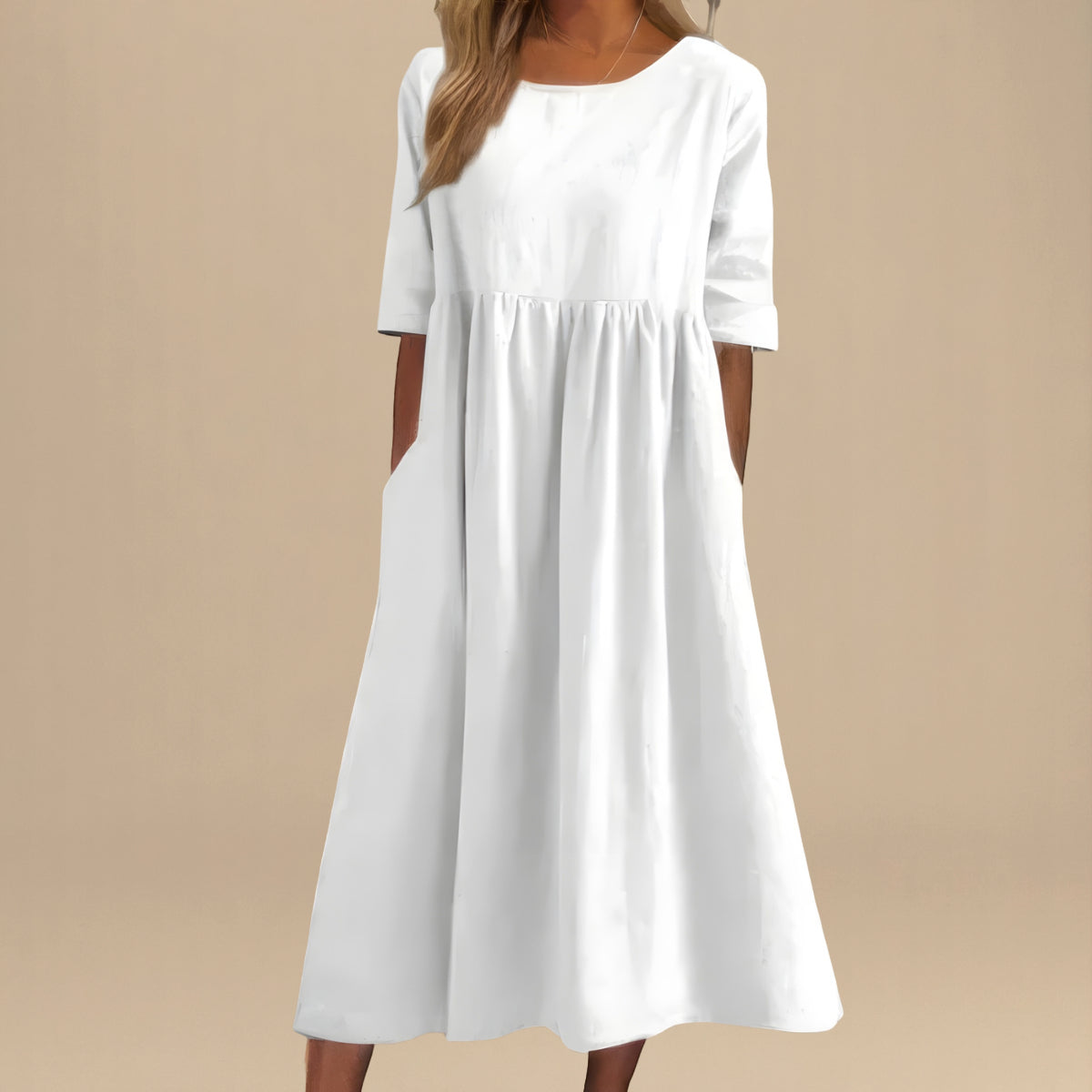 Abito Midi Donna | Vita Smock Raccolta & Gonna Svasata con Tasche