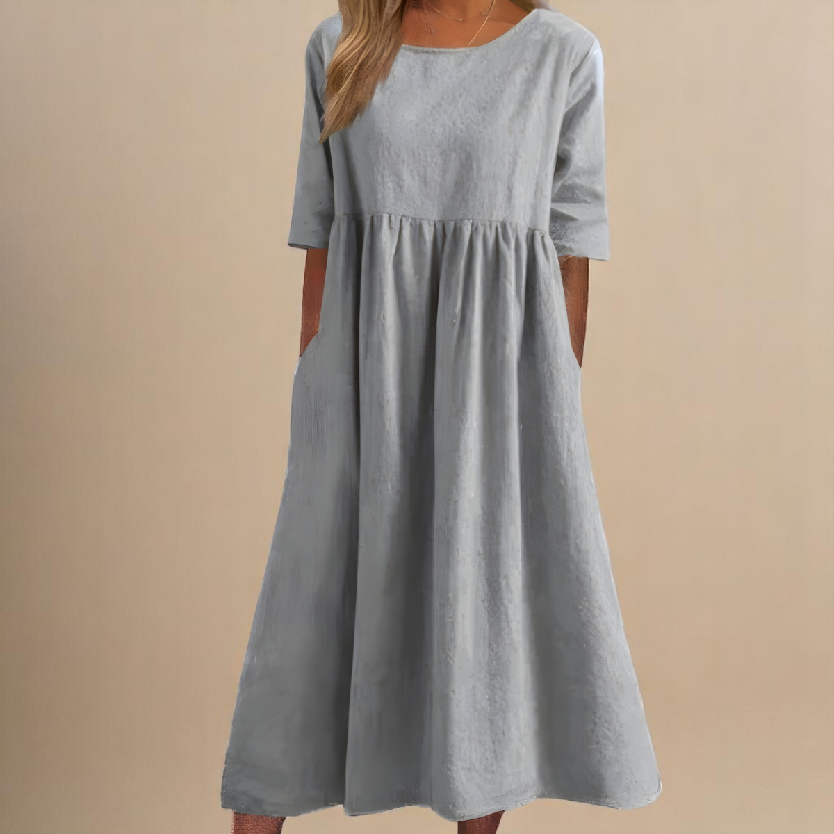 Abito Midi Donna | Vita Smock Raccolta & Gonna Svasata con Tasche
