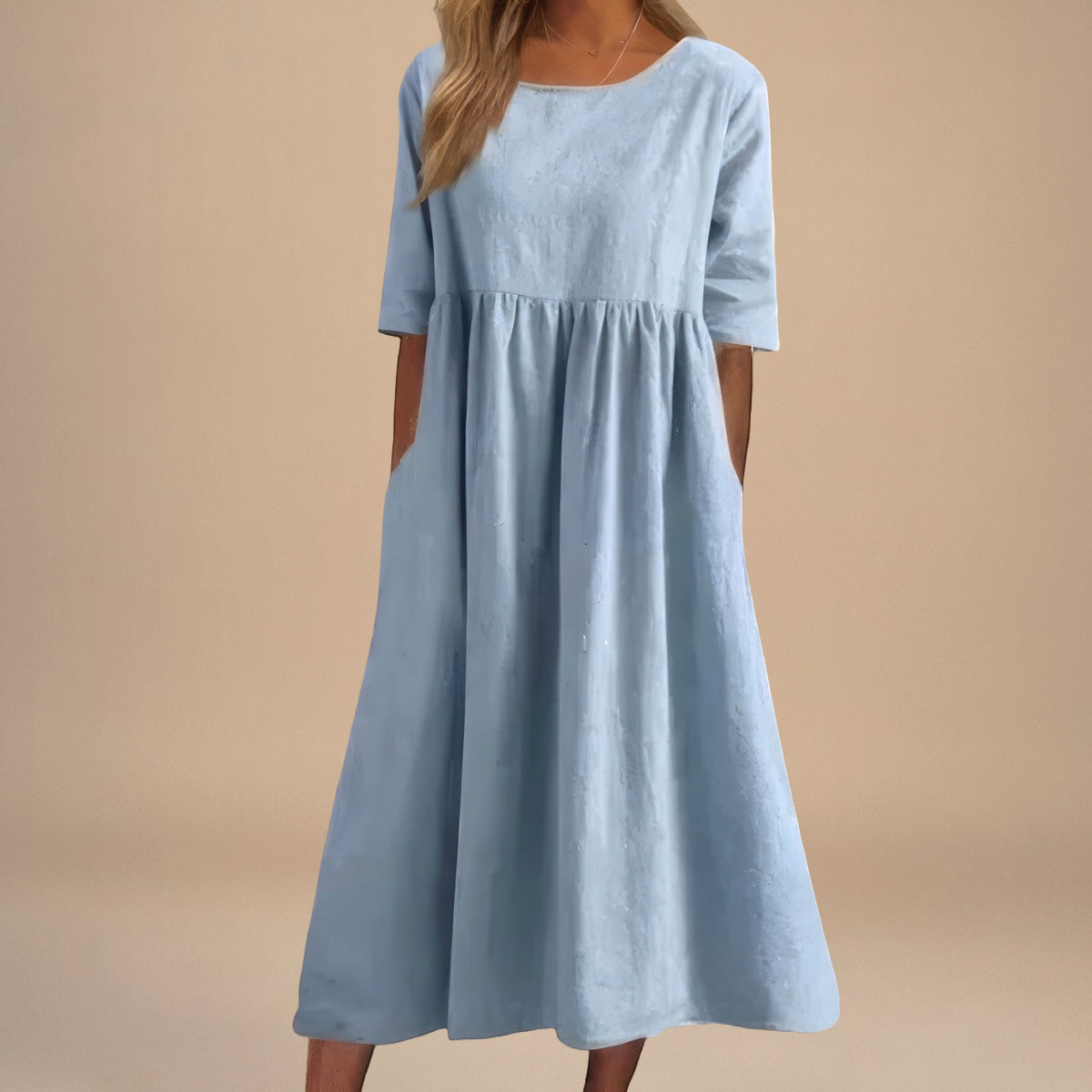 Abito Midi Donna | Vita Smock Raccolta & Gonna Svasata con Tasche