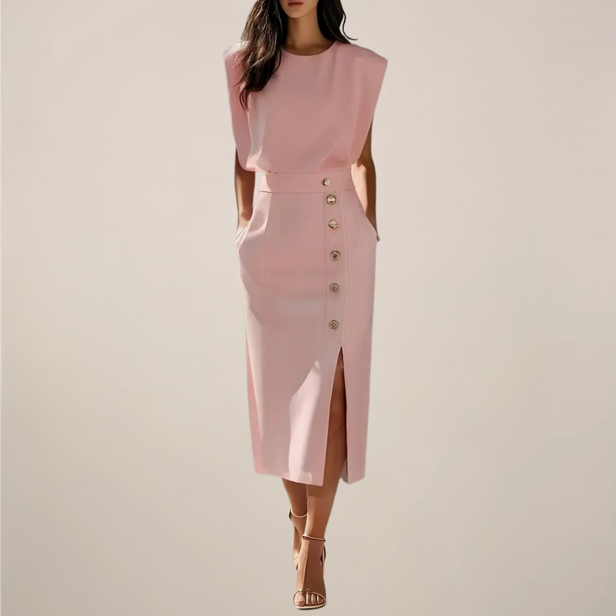 Abito Midi Elegante Donna | Spalle Strutturate & Spacco Chic