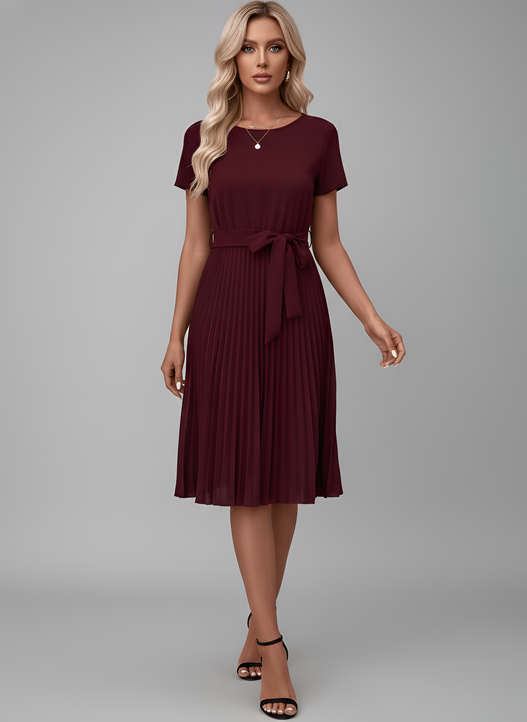 Abito Midi Plissettato Donna con Cintura e Maniche Corte in Tessuto Fluido 5