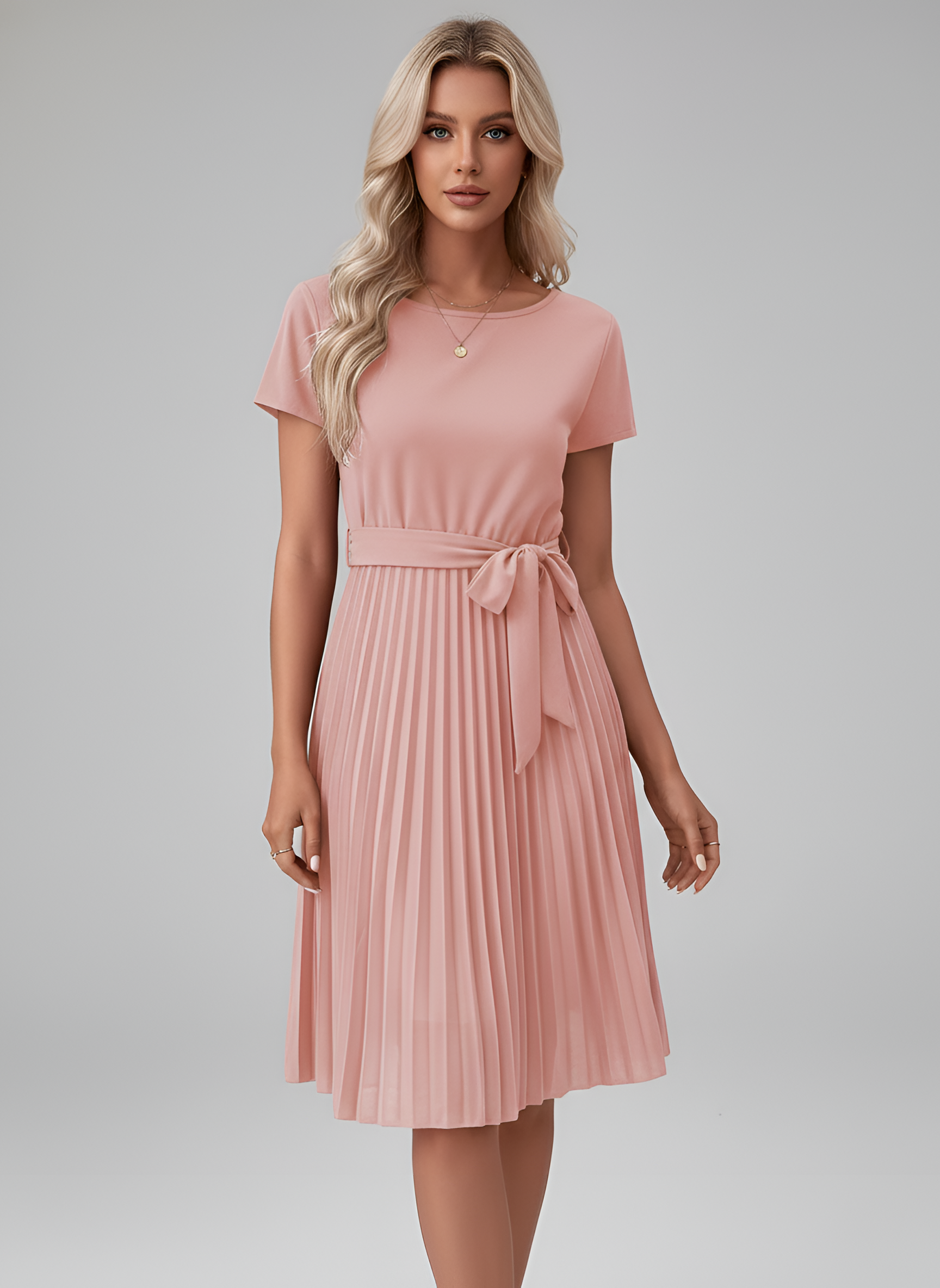 Abito Midi Plissettato Donna con Cintura e Maniche Corte in Tessuto Fluido 4