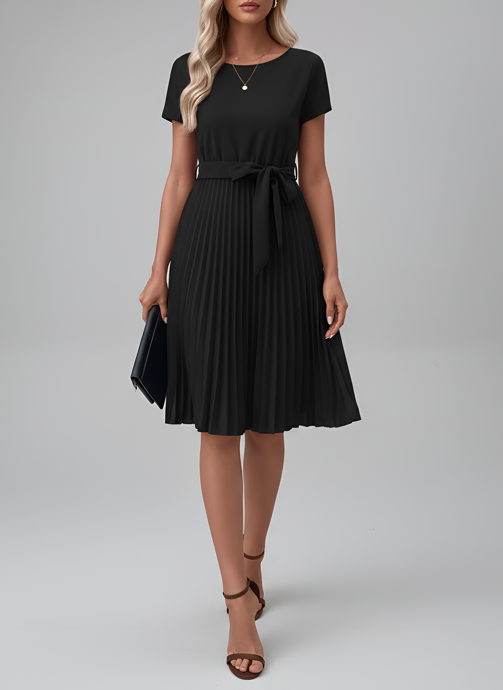 Abito Midi Plissettato Donna con Cintura e Maniche Corte in Tessuto Fluido 6