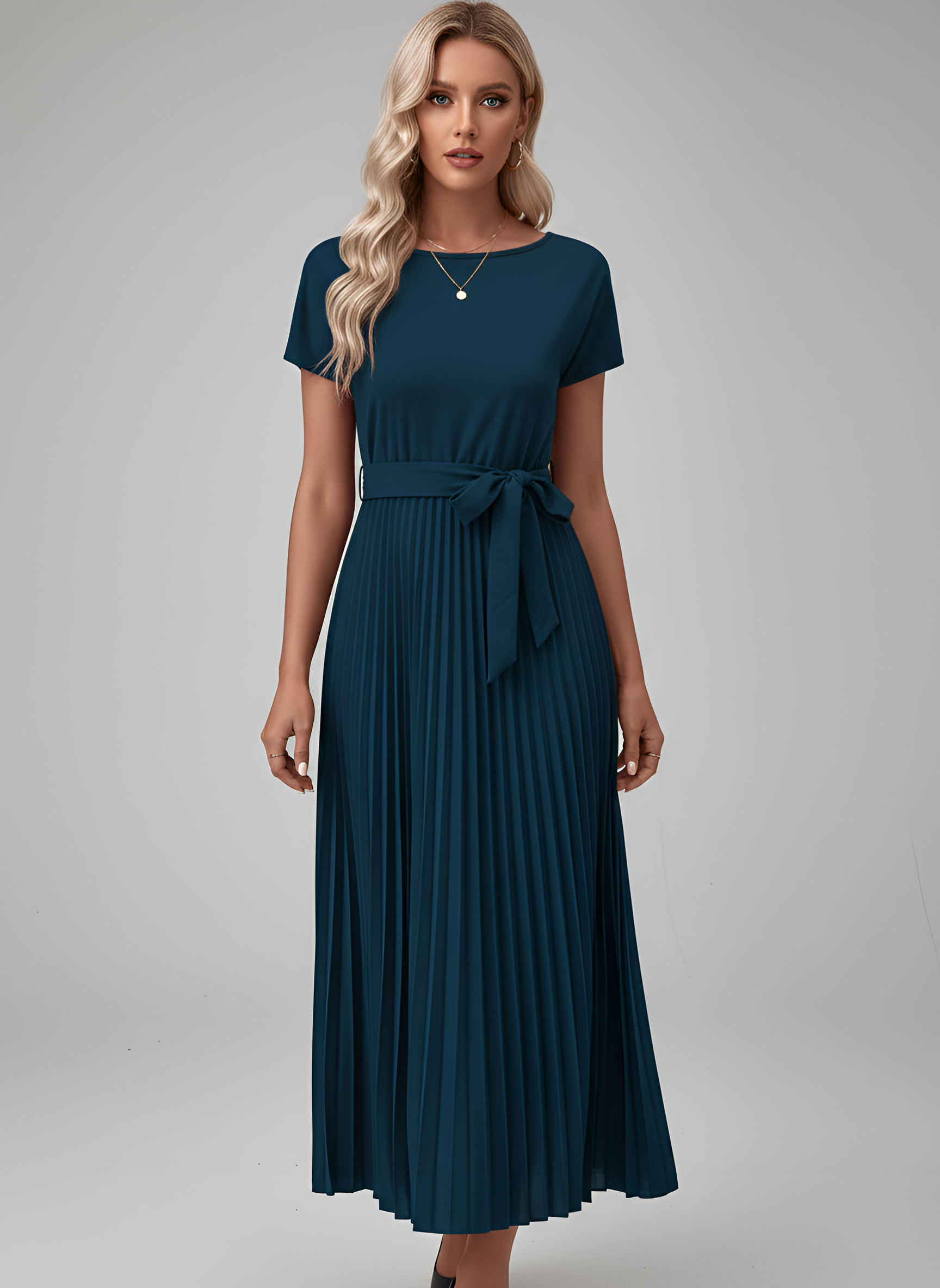 Abito Midi Plissettato Donna con Cintura e Maniche Corte in Tessuto Fluido 8