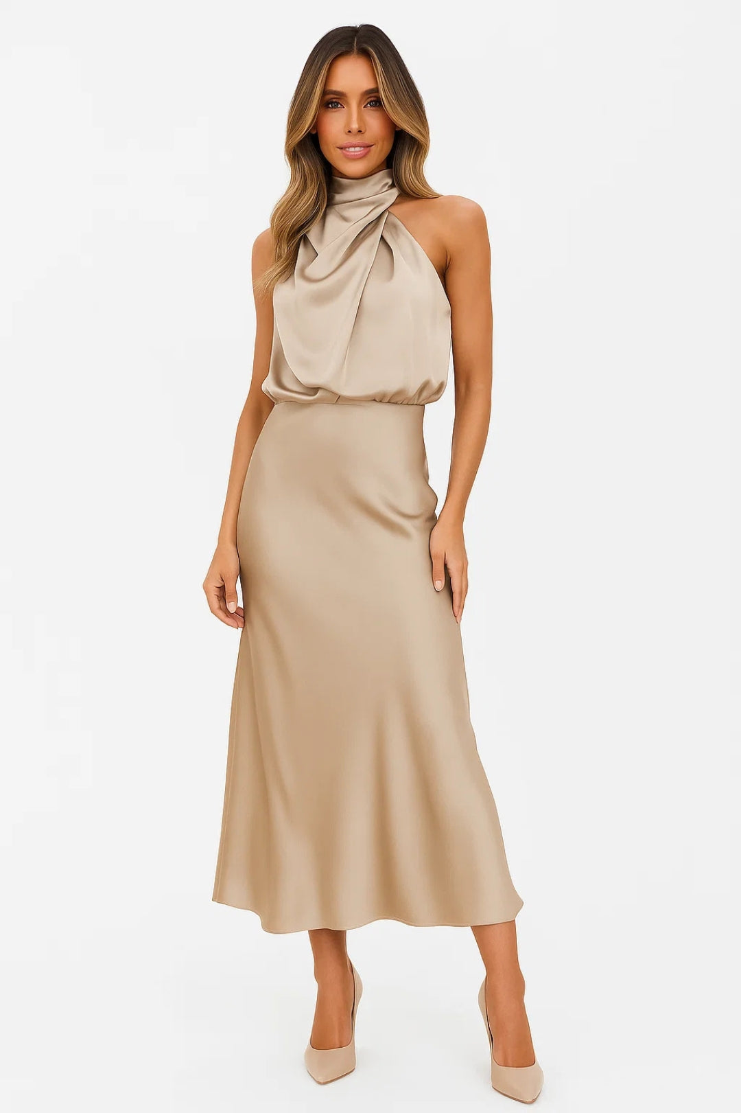 Abito Satinato con Collo Alto | Senza Maniche | Eleganza Fluida 3