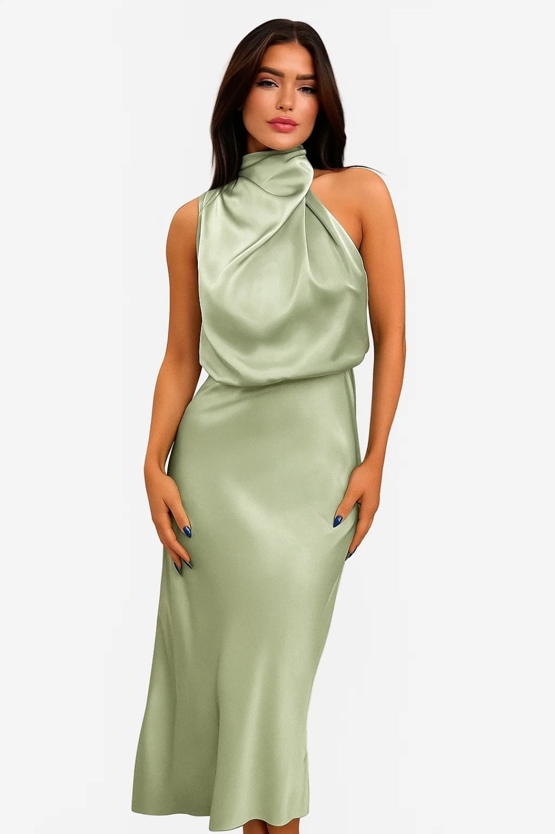 Abito Satinato con Collo Alto | Senza Maniche | Eleganza Fluida 0