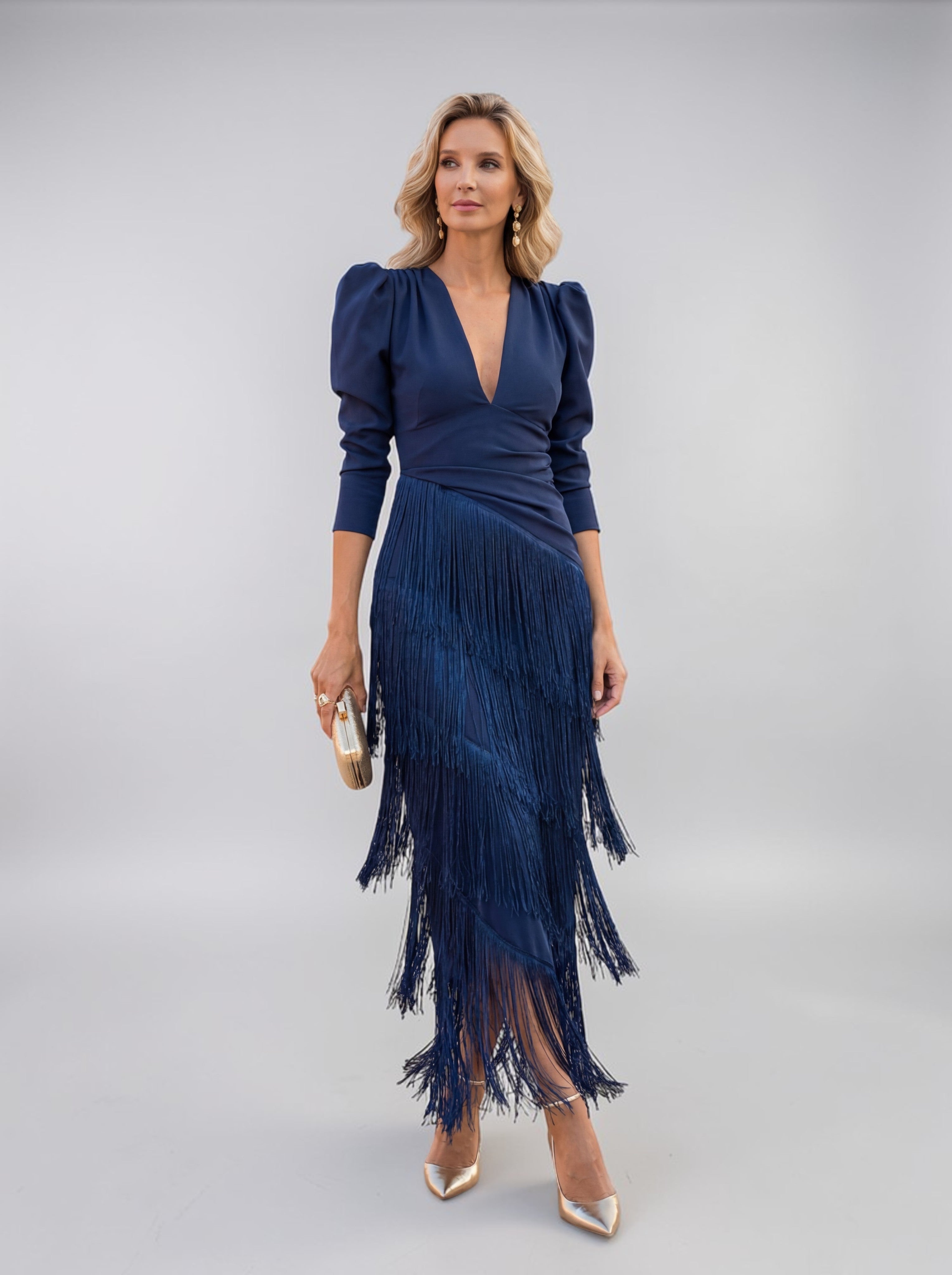 Abito elegante Donna | Frange a Strati & Vita Drappeggiata che Slancia