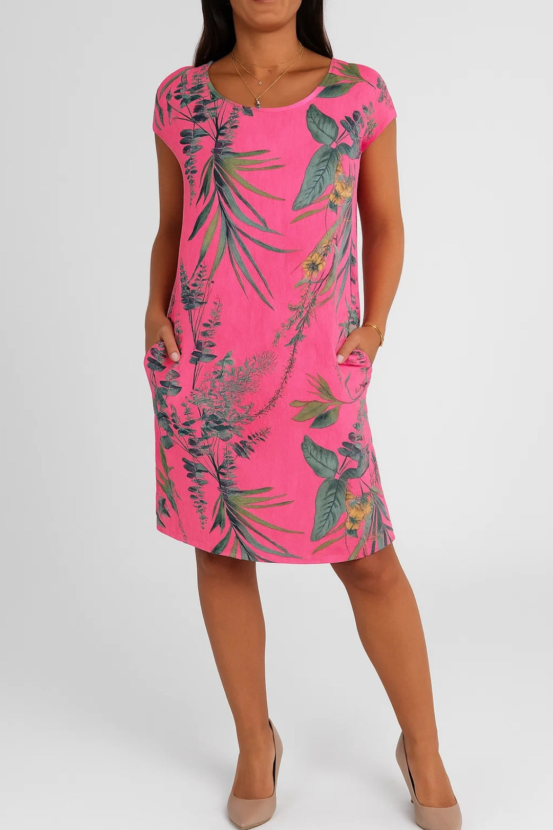 Abito estivo in lino con stampa floreale tropicale | Tasche laterali | Taglio dritto 1