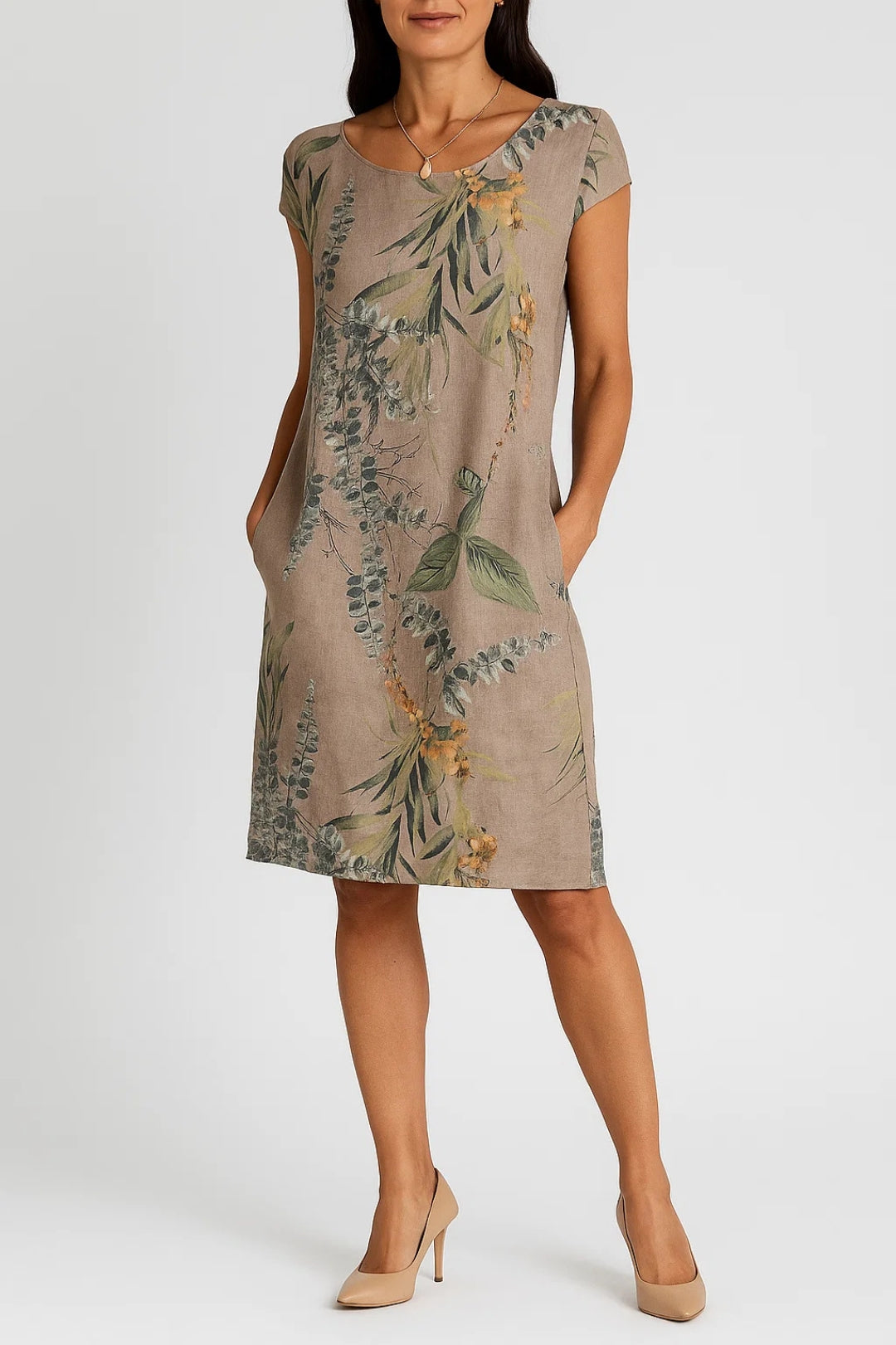 Abito estivo in lino con stampa floreale tropicale | Tasche laterali | Taglio dritto 0