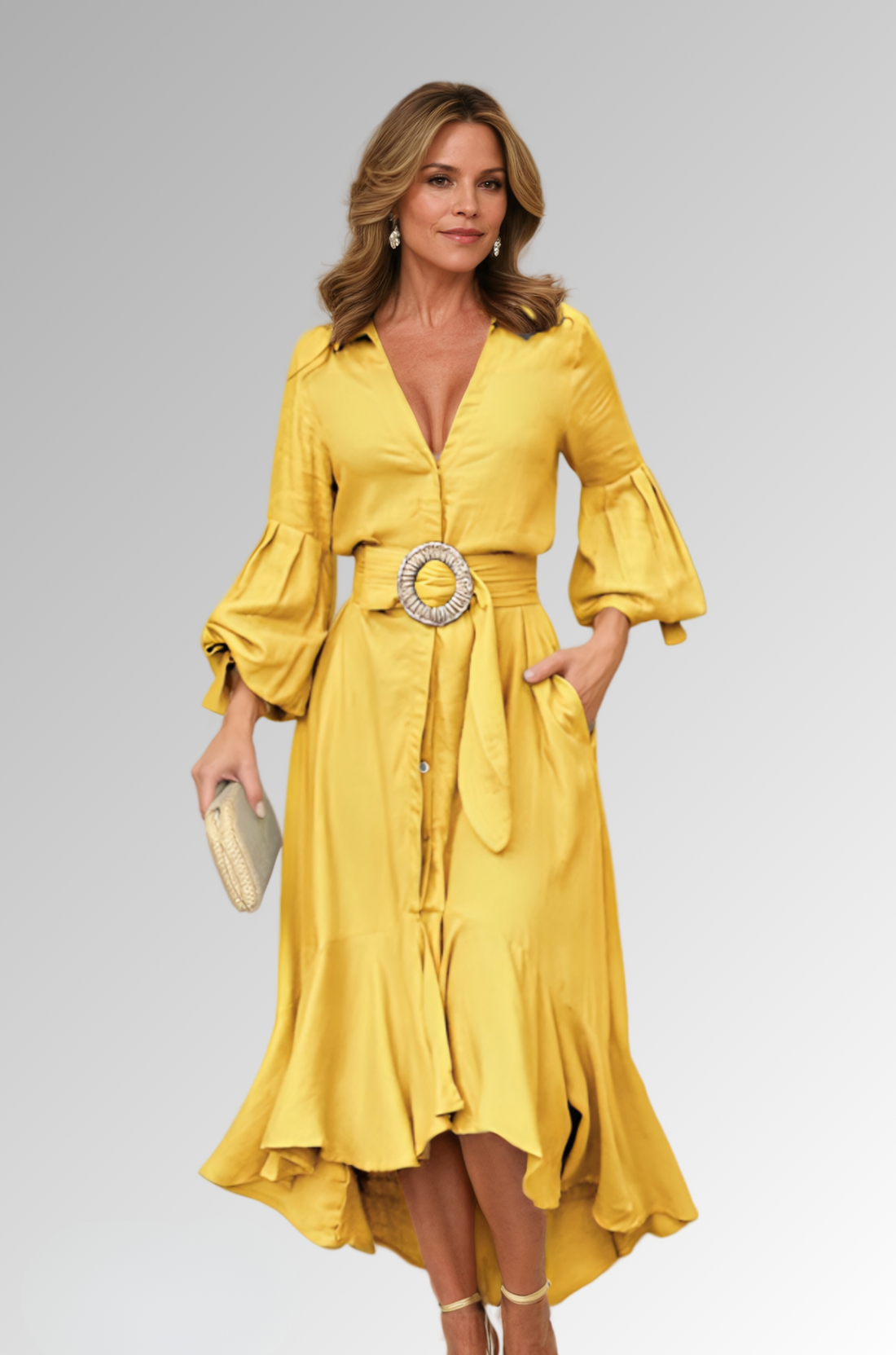 Abito estivo midi da donna con maniche a sbuffo