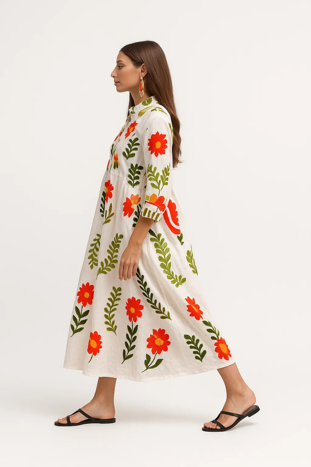 Abito lungo con maniche a tre quarti e motivo floreale ricamato 1