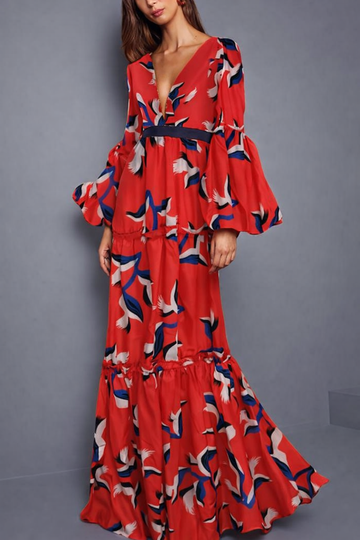 Abito lungo da festa boho Donna | Scollo Profondo & Maniche Voluminose