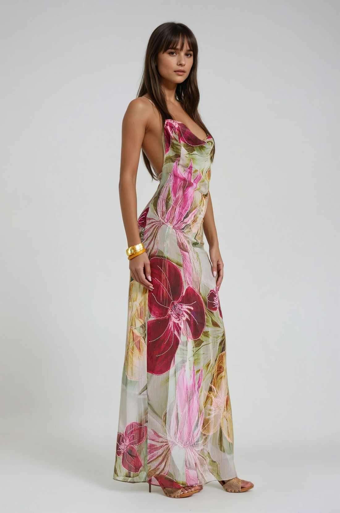 Abito lungo donna con perline e scollo drappeggiato