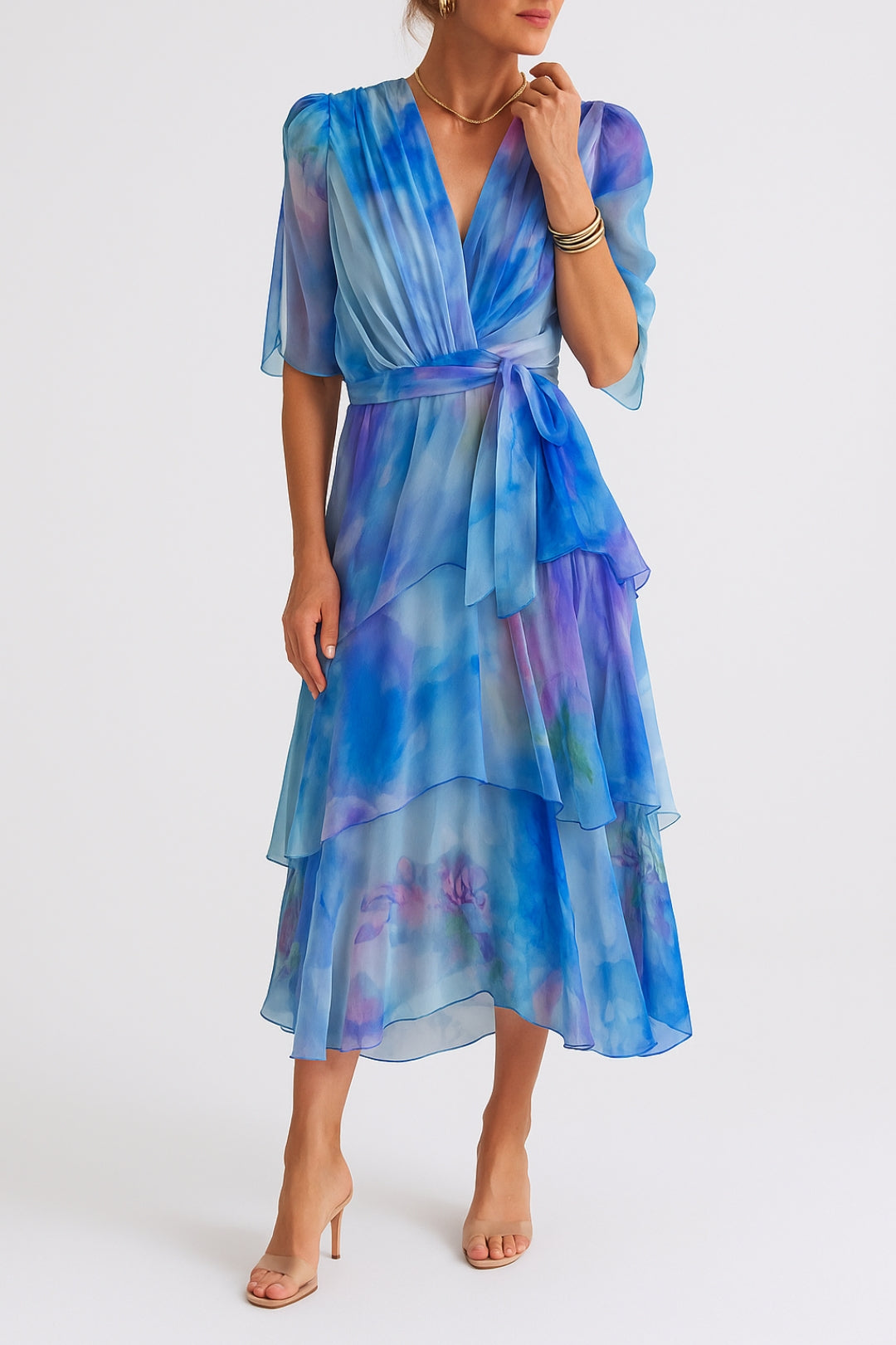 Abito midi a portafoglio con stampa acquerello | Chiffon leggero e romantico 0