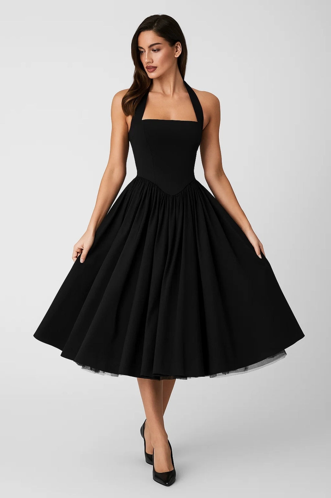 Abito midi con corpetto aderente e scollo all’americana | Stile retrò ispirato agli anni ’50 7