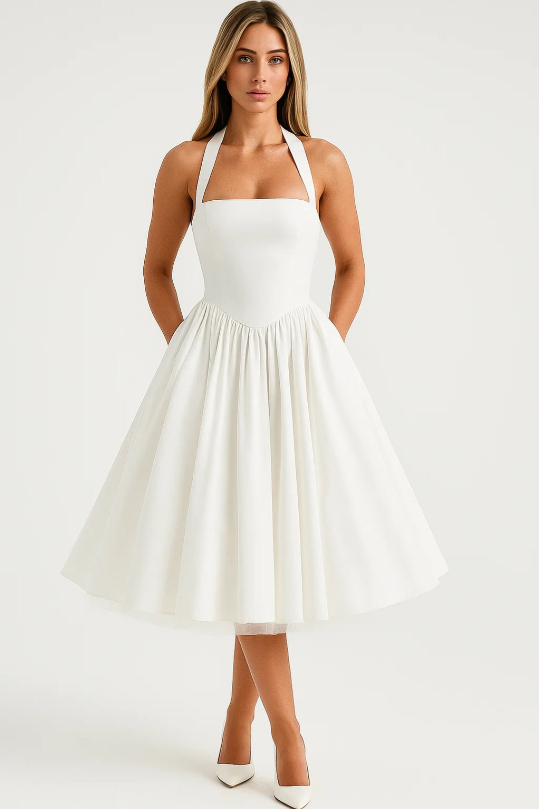 Abito midi con corpetto aderente e scollo all’americana | Stile retrò ispirato agli anni ’50 0