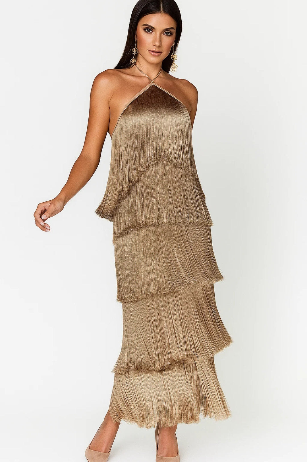 Abito midi con frange a strati | Scollo all’americana 2