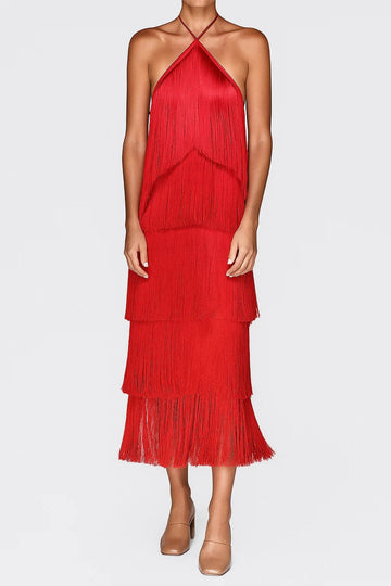 Abito midi con frange a strati | Scollo all’americana 0