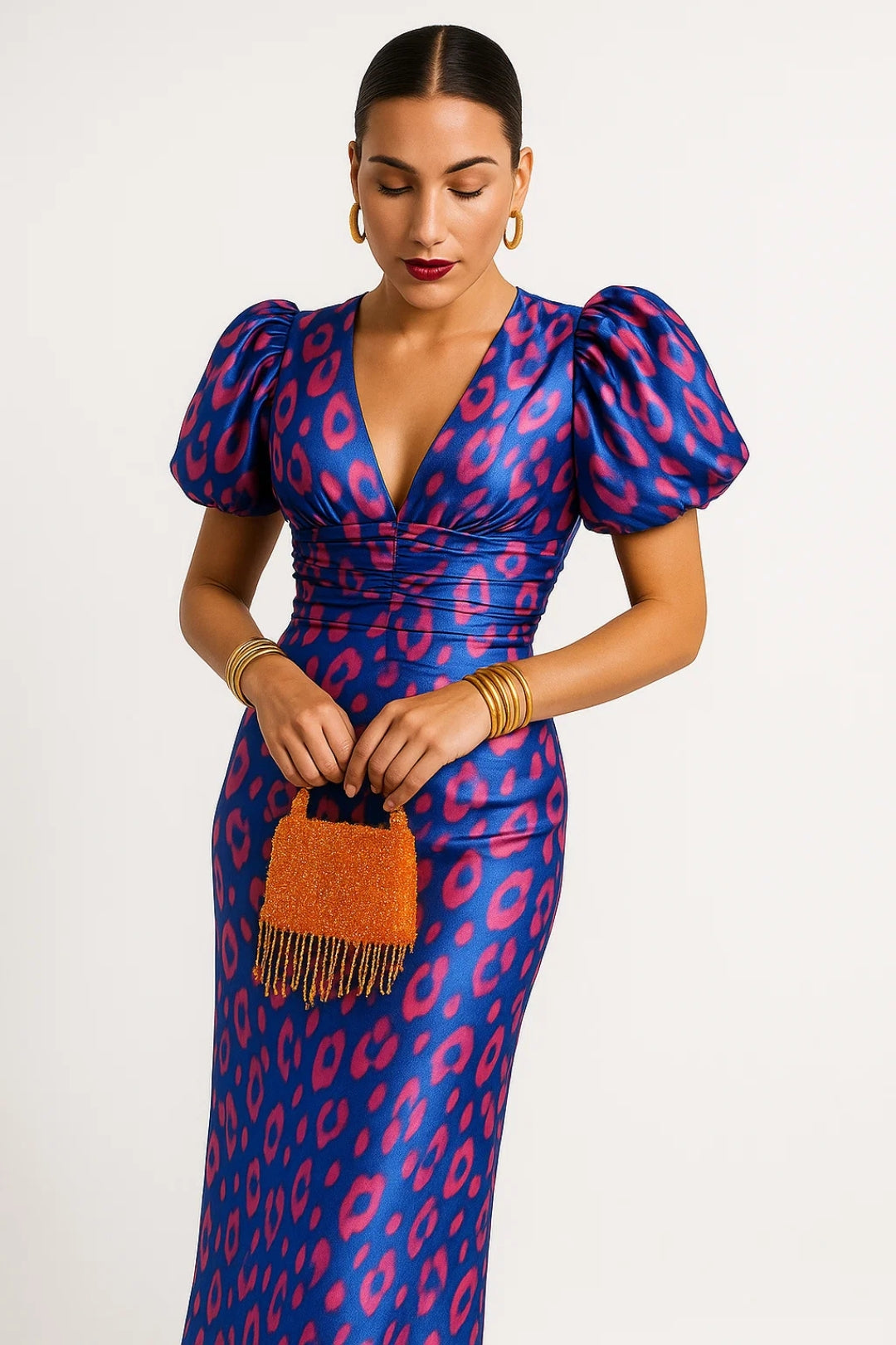 Abito midi con maniche a sbuffo | Fantasia vivace 1