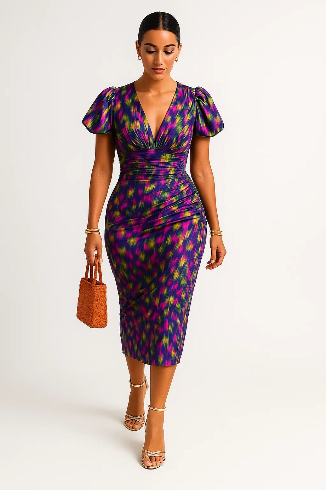 Abito midi con maniche a sbuffo | Fantasia vivace 2