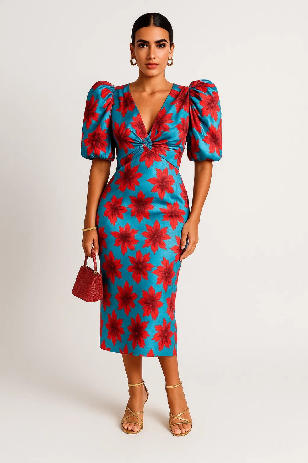 Abito midi con maniche a sbuffo | Fantasia vivace 0