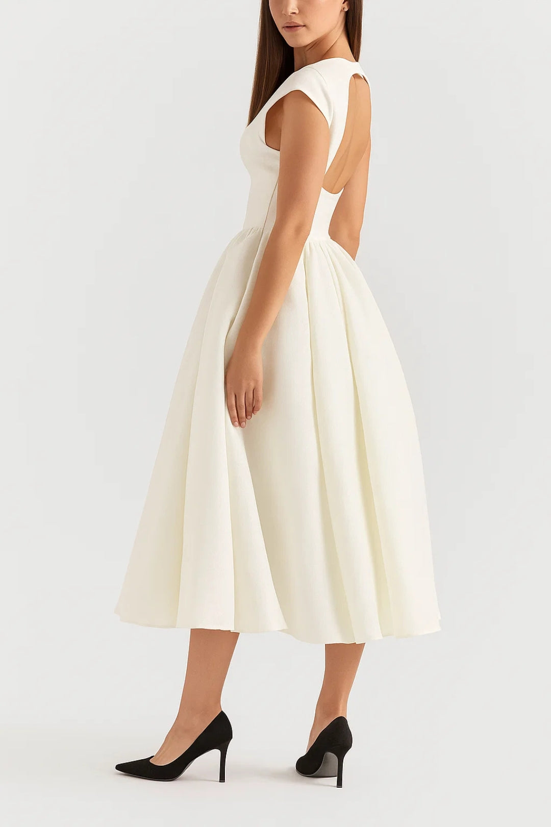 Abito midi elegante in tessuto strutturato | Scollo a barca | Schiena scoperta 1