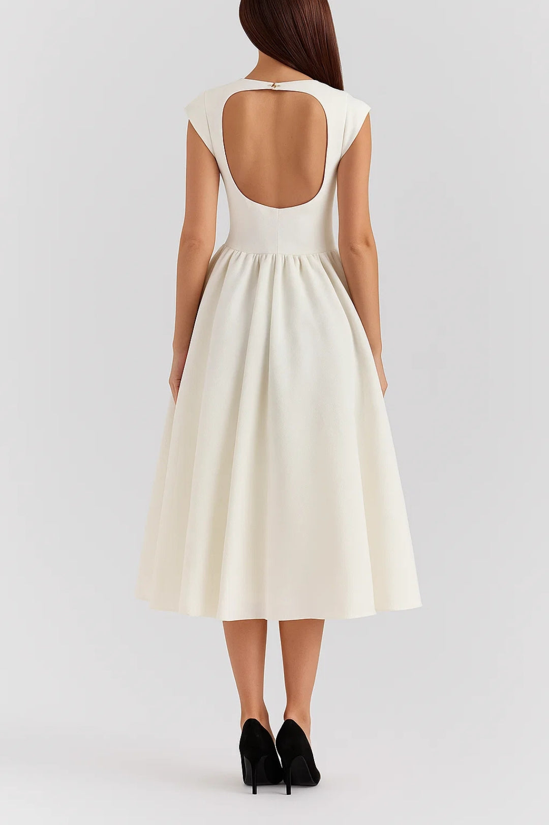 Abito midi elegante in tessuto strutturato | Scollo a barca | Schiena scoperta 2