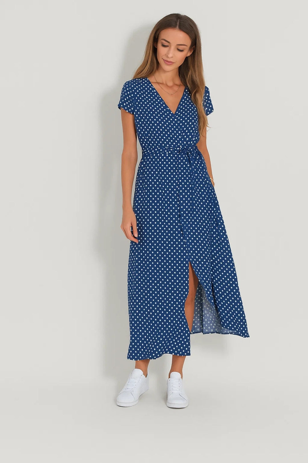 Abito midi incrociato con cintura | Stampa a pois o floreale 1