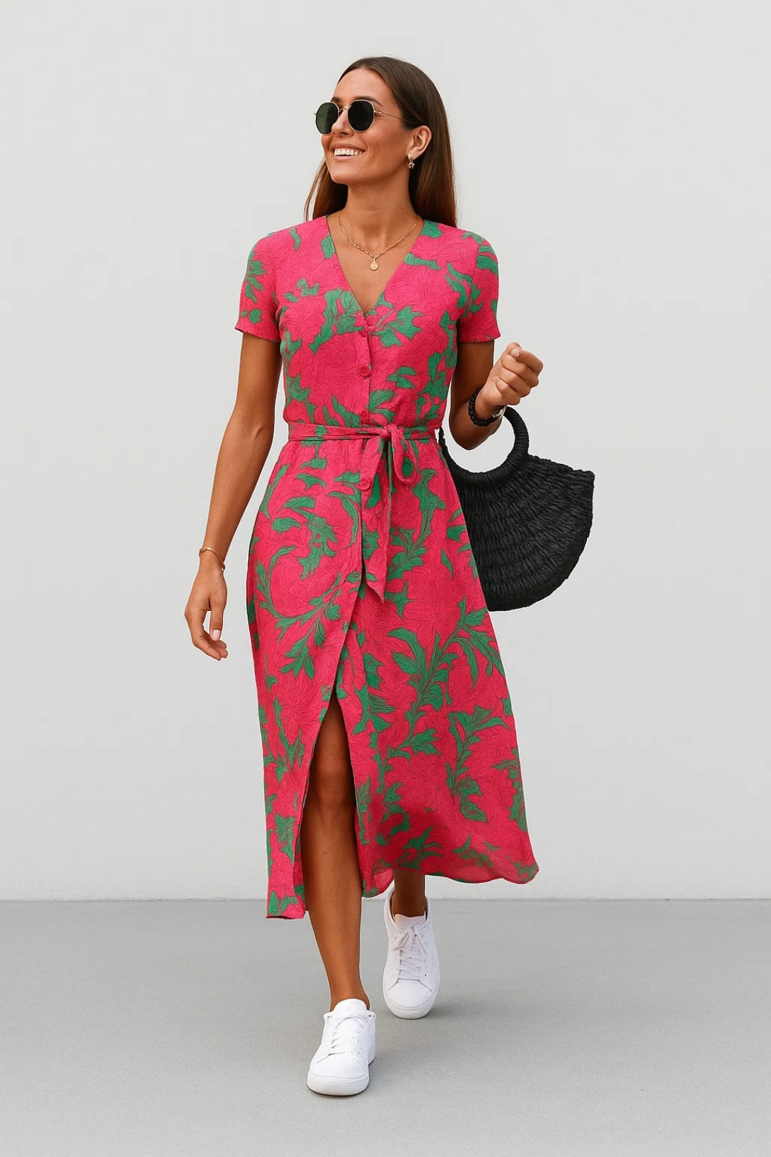 Abito midi incrociato con cintura | Stampa a pois o floreale 3