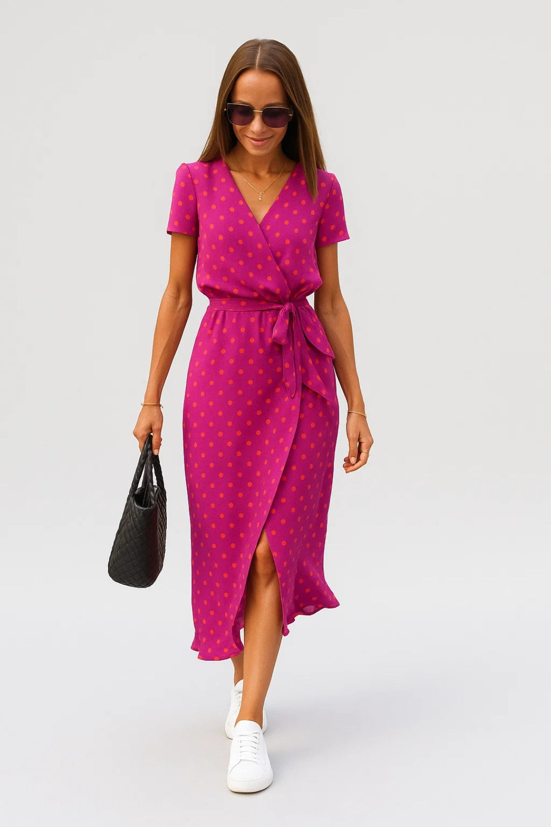 Abito midi incrociato con cintura | Stampa a pois o floreale 0