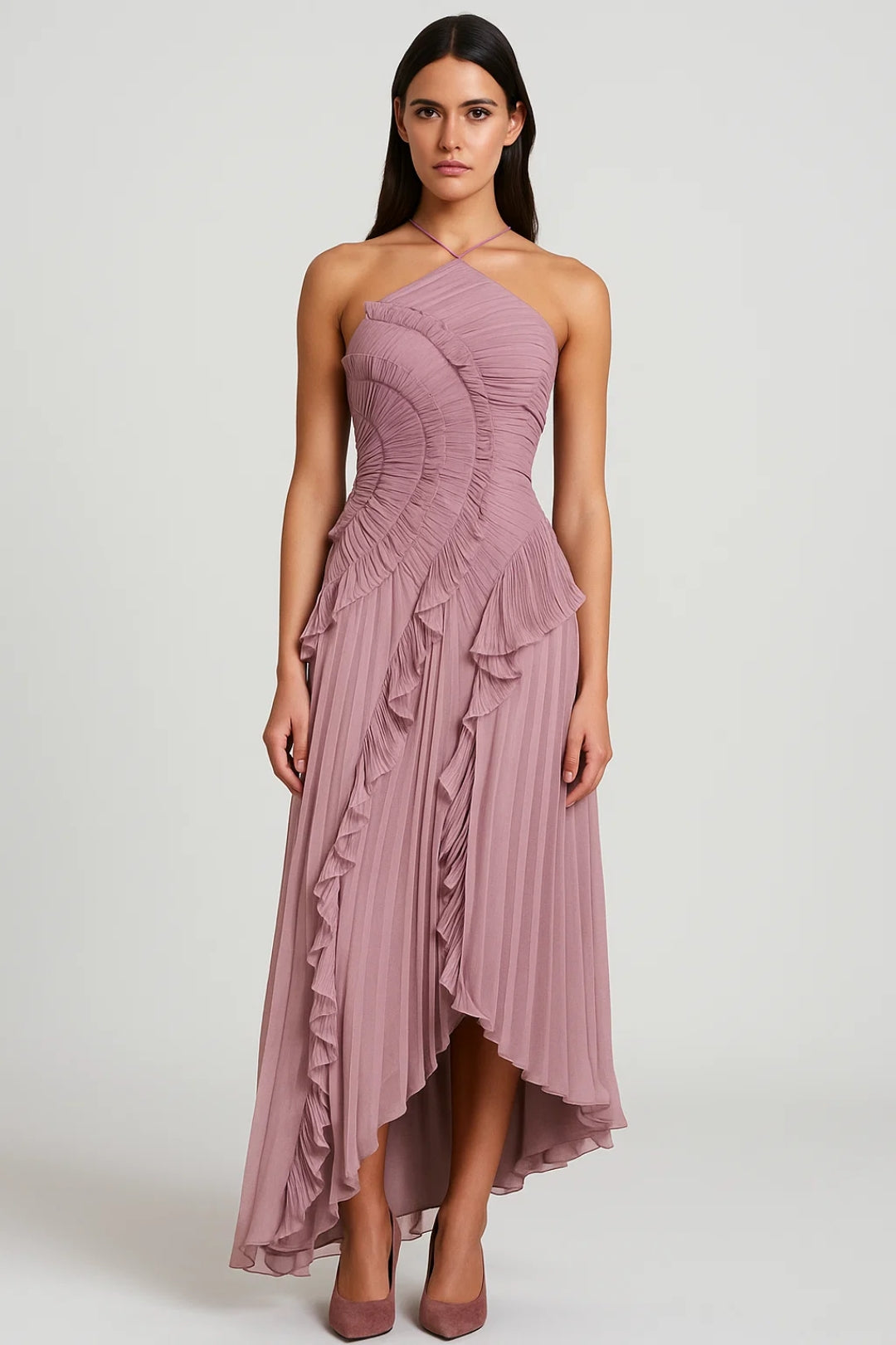 Abito plissettato con volant asimmetrici | Scollo all’americana | Eleganza fluida 0