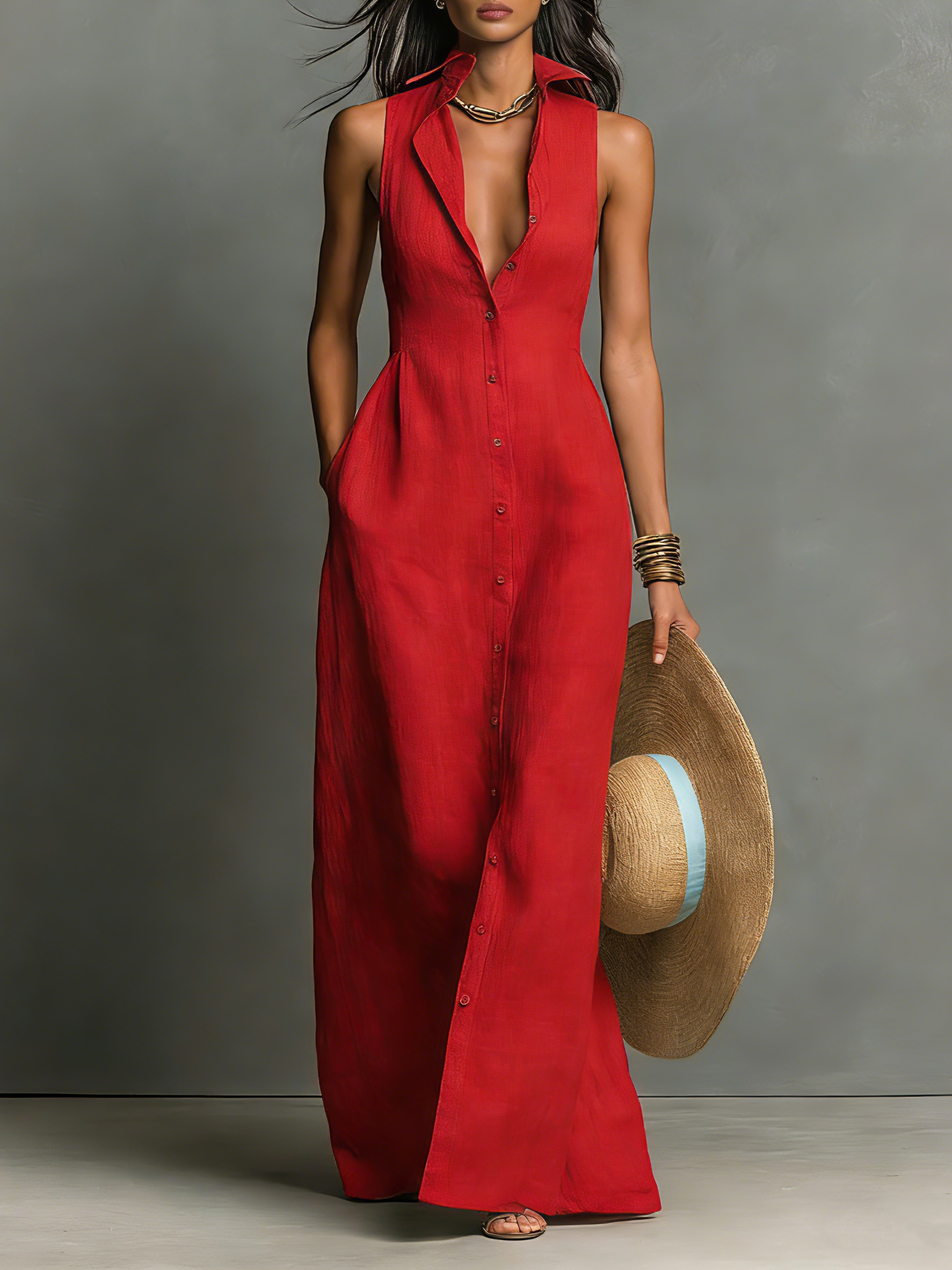 Abito Camicia Maxi Senza Maniche in Lino Minimalista per Donne 0