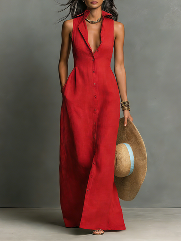 Abito Camicia Maxi Senza Maniche in Lino Minimalista per Donne 0