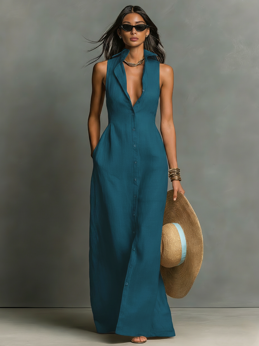 Abito Camicia Maxi Senza Maniche in Lino Minimalista per Donne 2