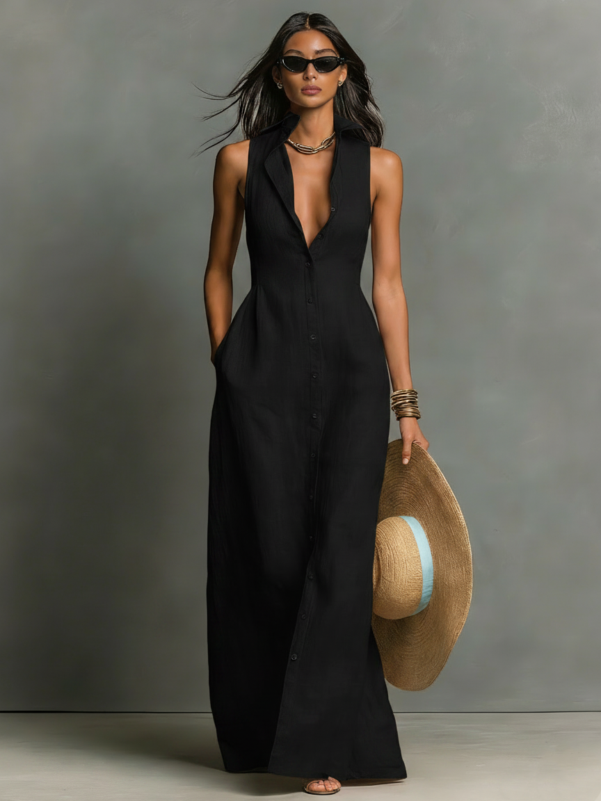 Abito Camicia Maxi Senza Maniche in Lino Minimalista per Donne 3