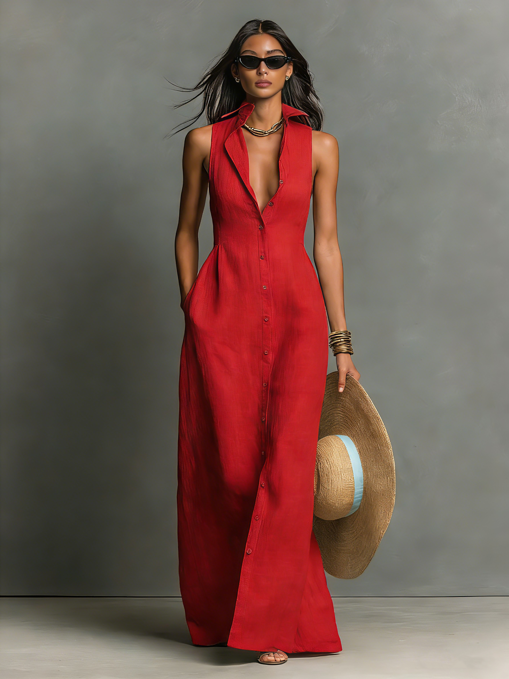 Abito Camicia Maxi Senza Maniche in Lino Minimalista per Donne 6