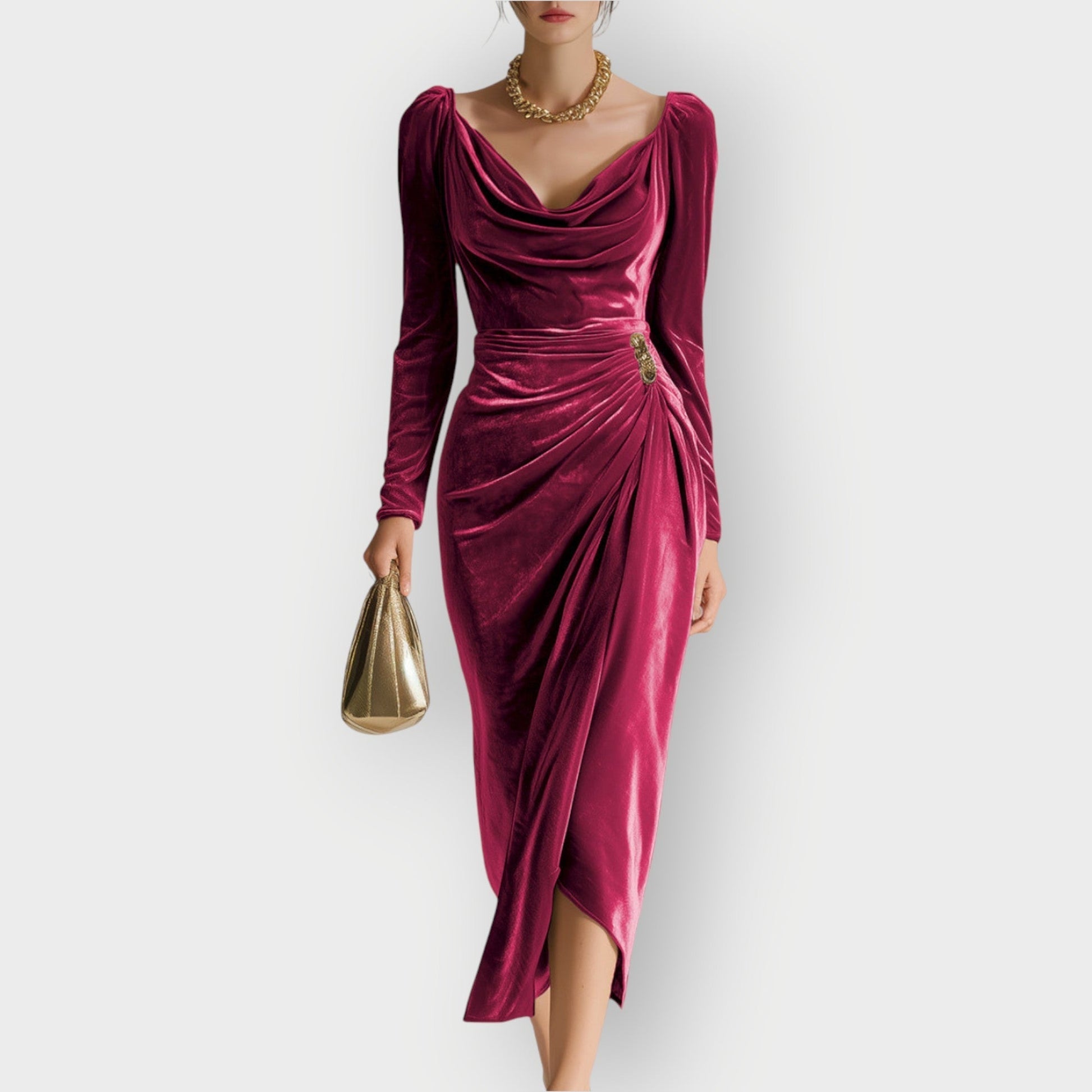 Abito Donna Midi Drappeggiato Arricciature Maniche Lunghe 0
