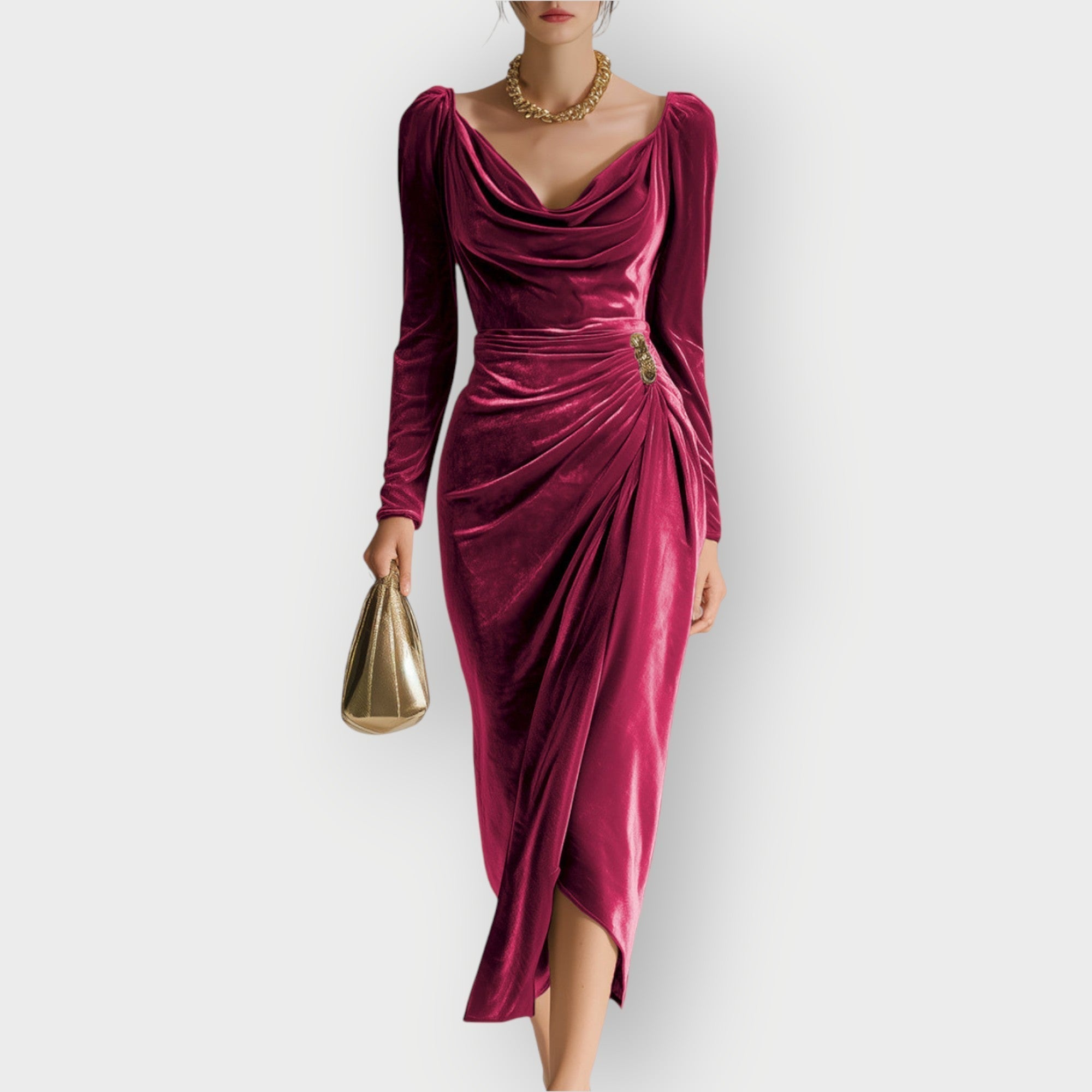 Abito Donna Midi Drappeggiato Arricciature Maniche Lunghe 0