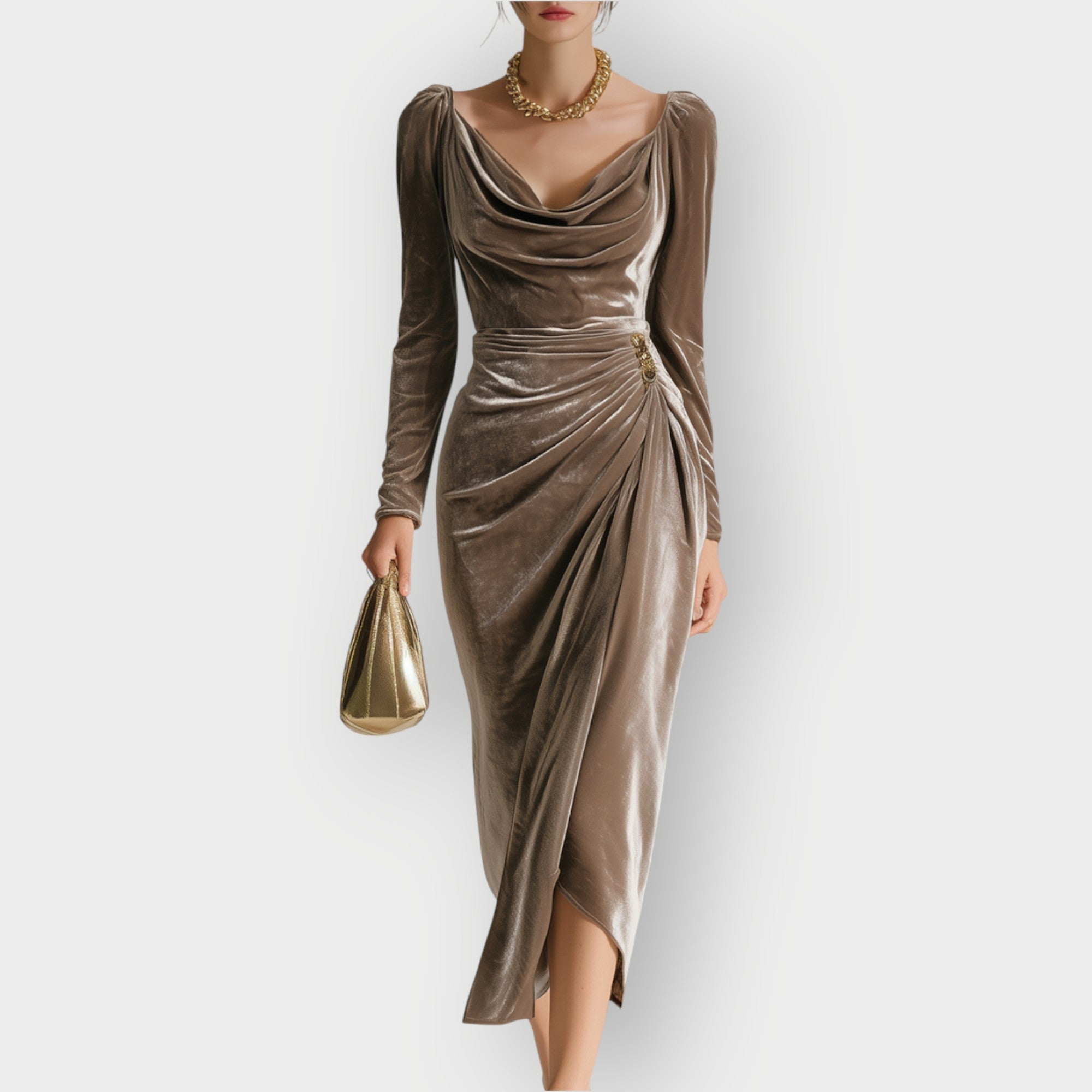 Abito Donna Midi Drappeggiato Arricciature Maniche Lunghe 1