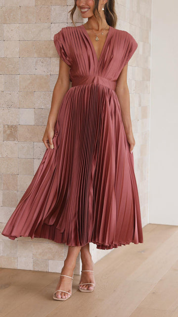 Abito Donna Plissettato con Scollo a V Drappeggiato e Gonna Svasata a Vita Alta 0