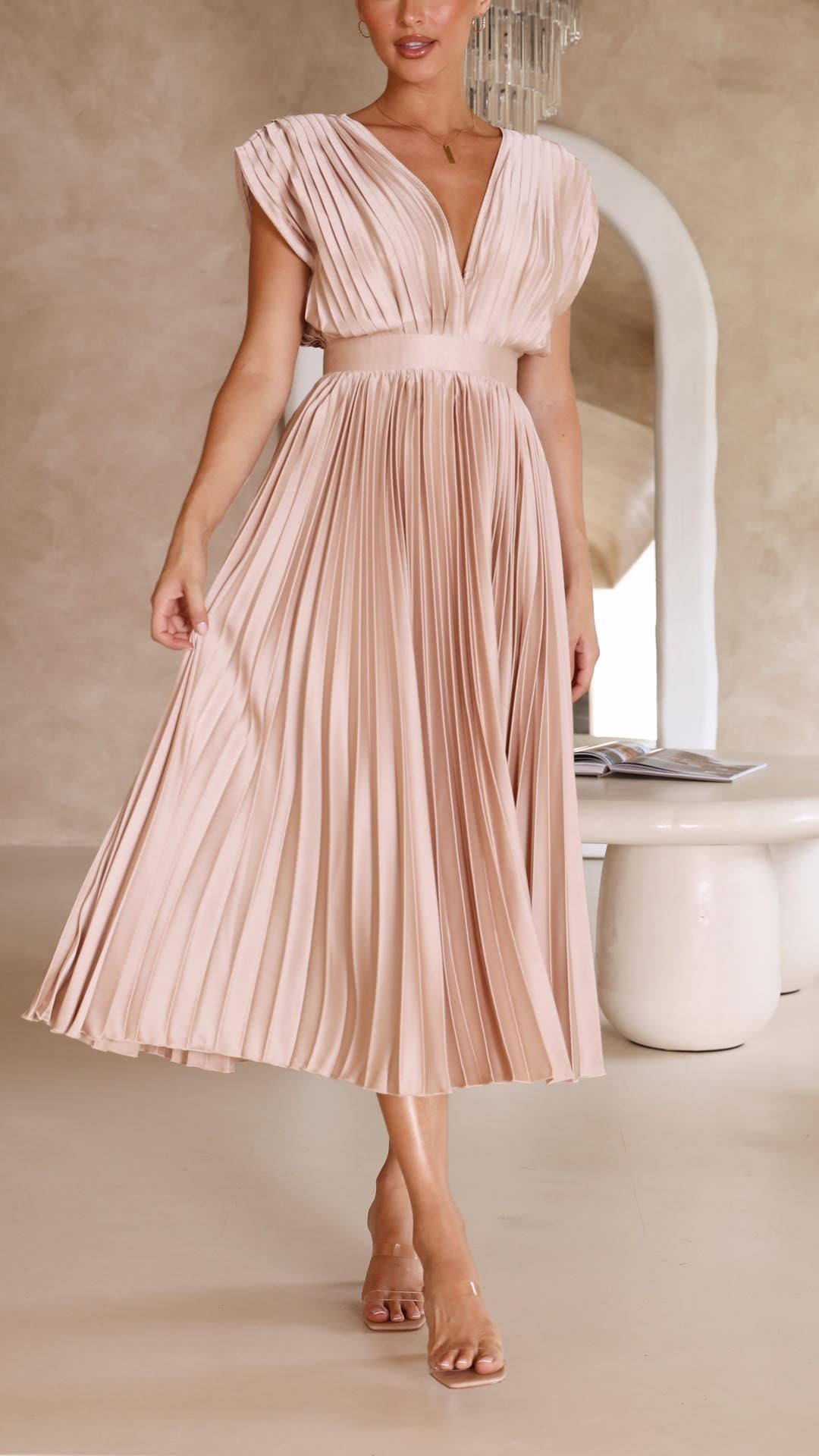 Abito Donna Plissettato con Scollo a V Drappeggiato e Gonna Svasata a Vita Alta 2