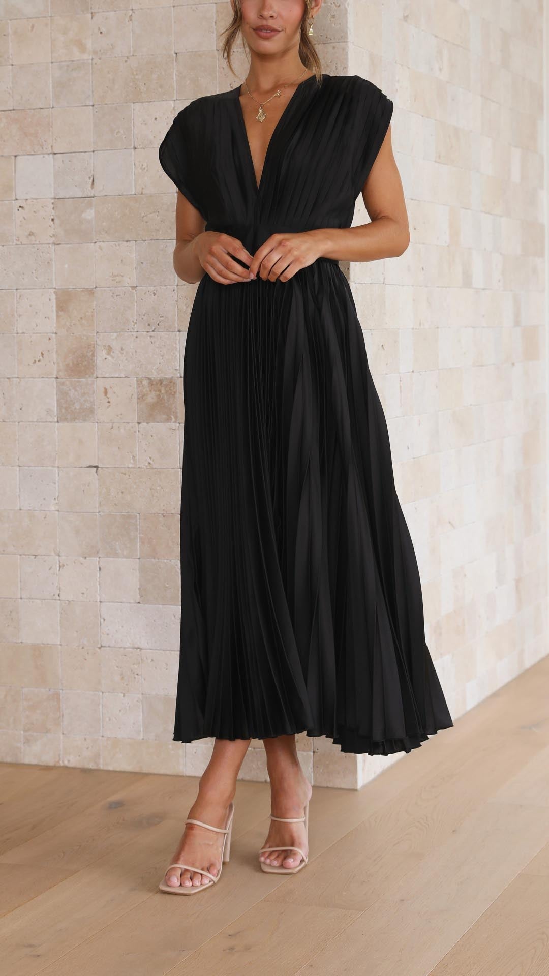 Abito Donna Plissettato con Scollo a V Drappeggiato e Gonna Svasata a Vita Alta 3