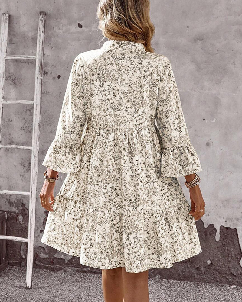 Abito Donna Primaverile a Linea Scollo Alto Maniche a Volant Stampa Floreale 5