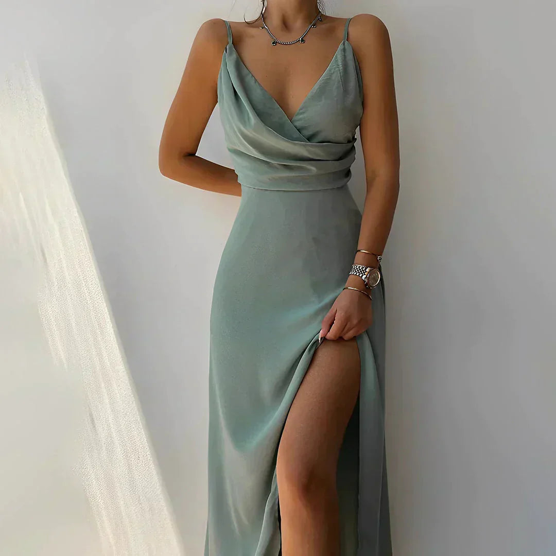 Abito Donna in Misto Raso con Scollo a Cascata, Spacco Alto e Spalline Regolabili 0