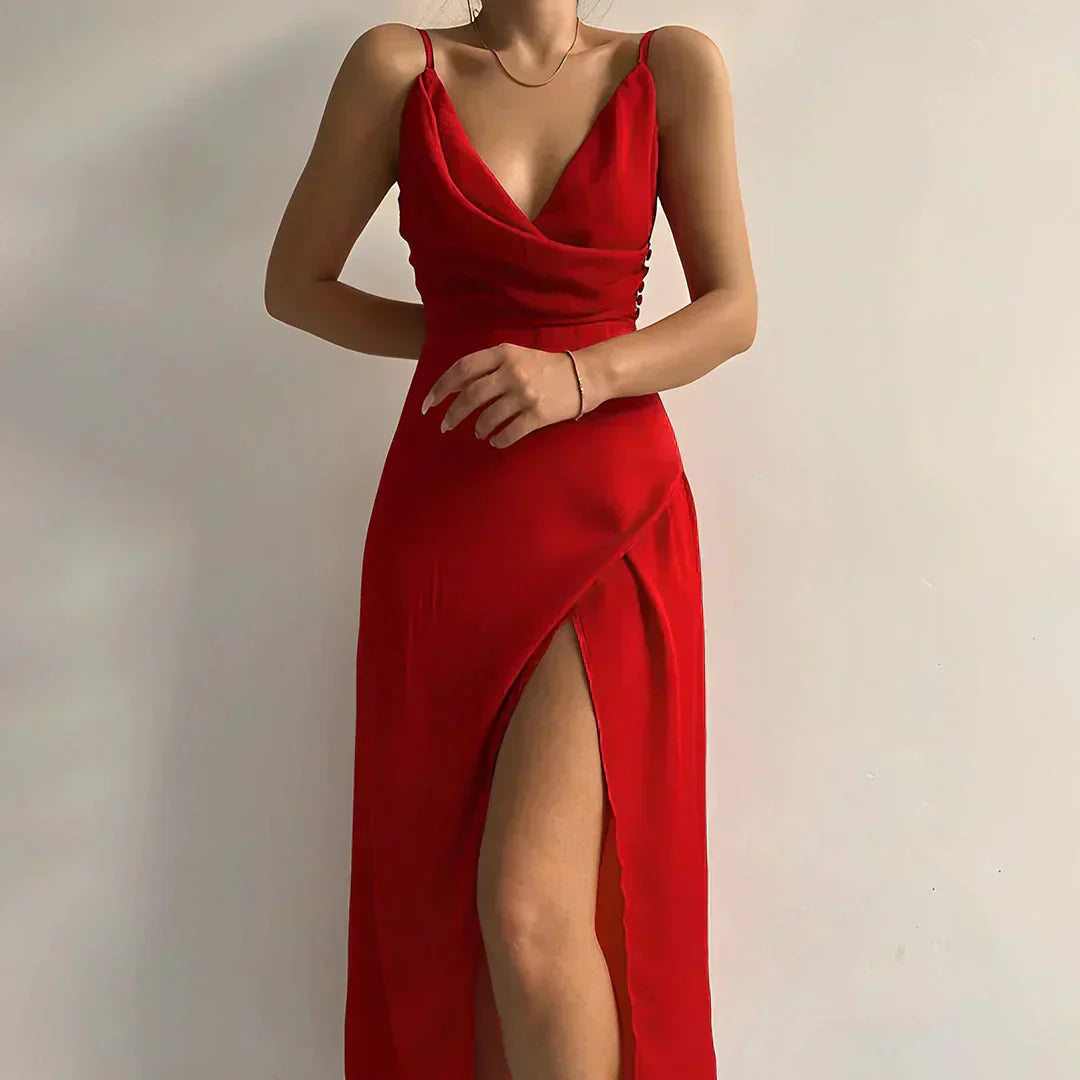 Abito Donna in Misto Raso con Scollo a Cascata, Spacco Alto e Spalline Regolabili 1