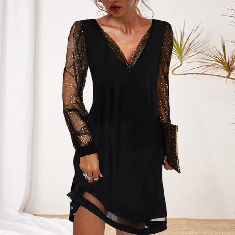 Abito Elegante Autunnale con Maniche Glitter e Scollatura a V - Poliestere Morbido e Luminoso 0