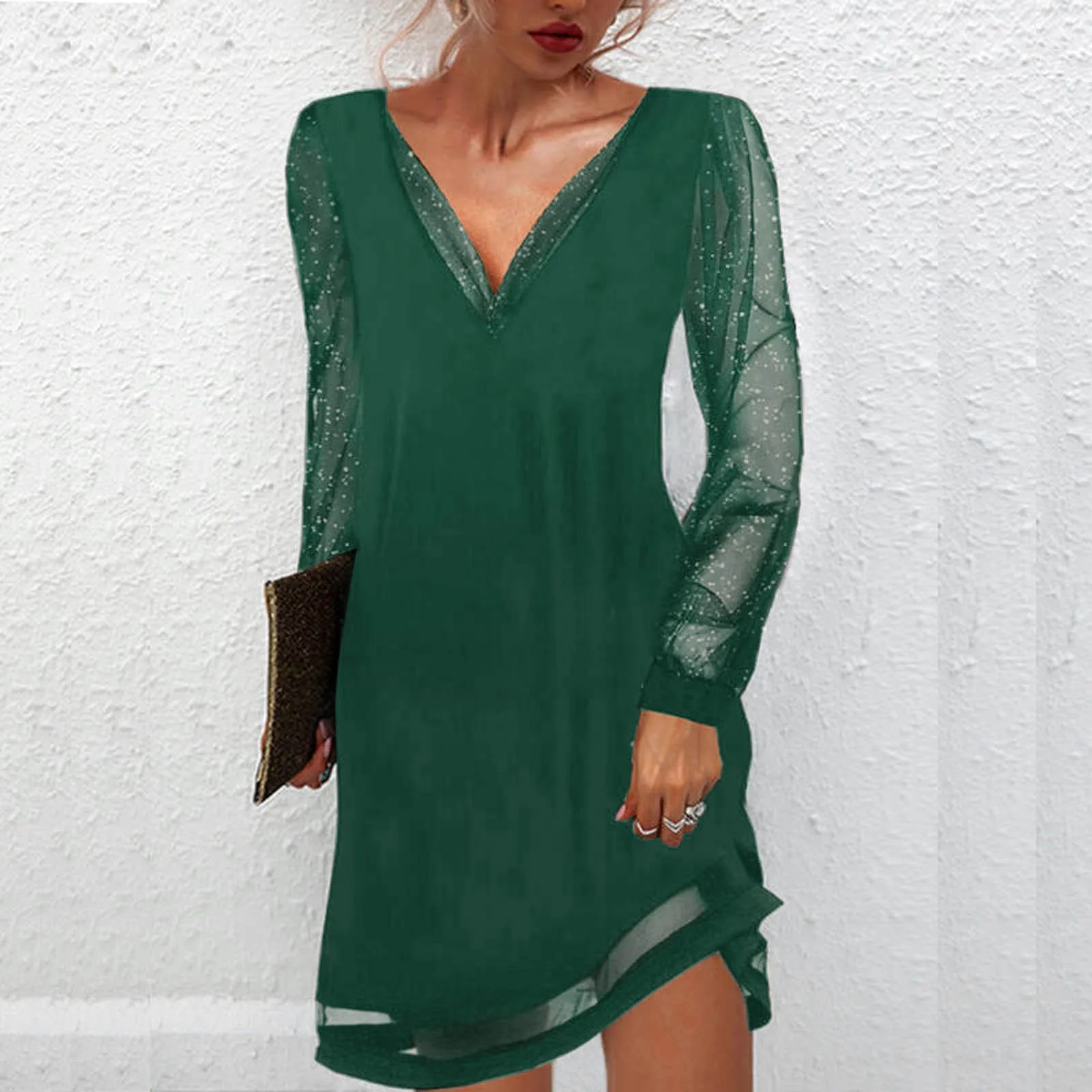 Abito Elegante Autunnale con Maniche Glitter e Scollatura a V - Poliestere Morbido e Luminoso 3